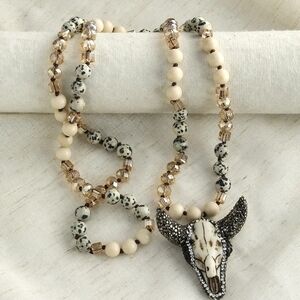 Chic Dalmatian Jasper Skull Pendant Necklace